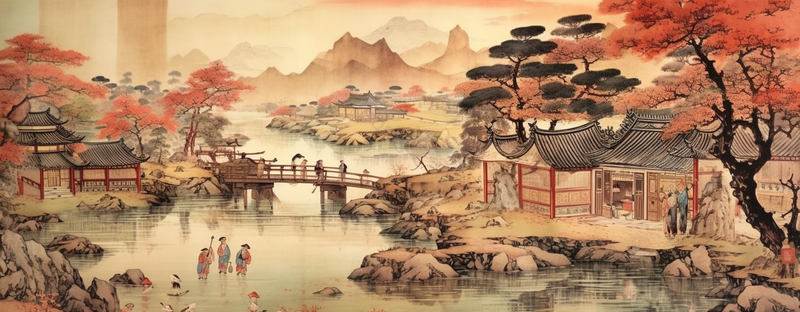 中国风复古古典红色田园风光插画,插画/手绘图,插画/手绘图库,插画/手绘图下载,插画/手绘
